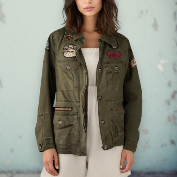 Diesel Women's Size XS Military Patch‎ Badge Jacket Olive Green Utility Coat - Picture 1 of 16